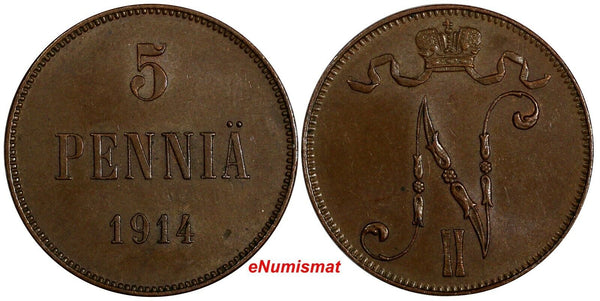 FINLAND Nicholas II Copper 1914 5 Pennia  BETTER DATE KM# 15 (14 799)
