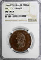 France Louis Philippe Bronze Essai 1840 Decime NGC MS64 RB Prooflike MAZ-1143