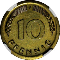 Germany Federal 1950-J 10 Pfennig NGC MINT ERROR MS61 BROADSTRUCK KM# 108 (194)