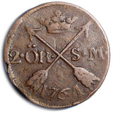 Sweden Adolf Frederick Copper 1764 2 Ore, S.M. KM# 461