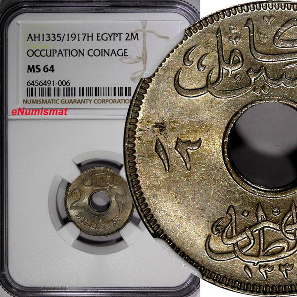 Egypt OCCUPATION COINAGE AH1335/1917-H 2 Milliemes NGC MS64 BU KM# 314 (006)