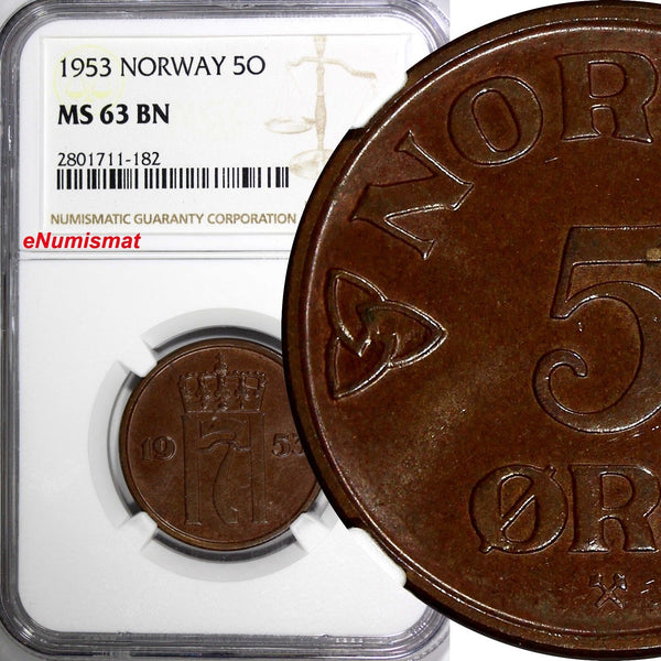 Norway Haakon VII Bronze 1953 5 Ore NGC MS63 BN  KM# 400 (182)