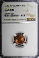 Finland Russian Tsar Nicolas II  1913 1 Penni NGC MS63 RB RED KM# 13 (159)