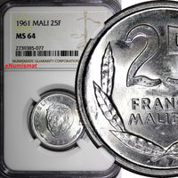 MALI Aluminium 1961 25 Francs Maliens NGC MS64 Lion's Head KM# 4 (077)