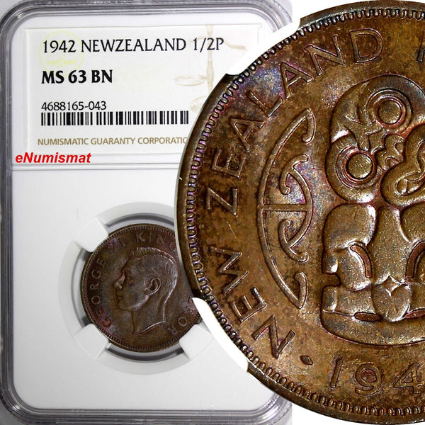 New Zealand George VI Bronze 1942 1/2 Penny NGC MS63 BN KEY DATE SCARCE KM#12(3)