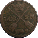 Sweden Frederick I Copper 1749 1 Ore, S.M.   KM# 416.1