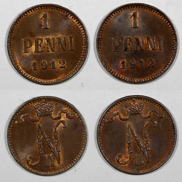 FINLAND Nicholas II LOT OF 2 COINS Copper 1912 1 Penni  UNC KM#13 (20 879)