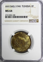 TUNISIA Anonymous Aluminum-Bronze AH1360 1941 2 Francs BU NGC MS64 KM# 248 (00)