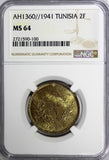 TUNISIA Anonymous Aluminum-Bronze AH1360 1941 2 Francs BU NGC MS64 KM# 248 (00)