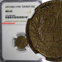 TUNISIA Anonymous  AH1360 1941 50 Centimes NGC MS65 TOP GRADED  KM# 246 (096)