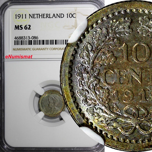 Netherlands Wilhelmina I Silver 1911 10 Cents NGC MS62 RAINBOW TONING KM# 145(6)