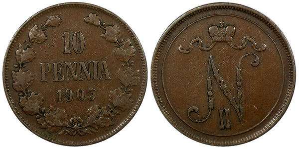 Finland Nicholas II Copper 1905 10 Penniä Mintage-500,000 KM# 14 (20 894)