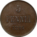 Finland Russian Nicholas II Copper 1896 5 Pennia First Date SCARCE KM# 15 (9402)