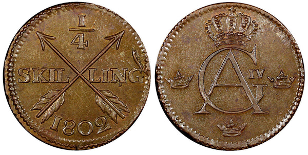 SWEDEN Gustav IV Adolf Copper 1802 1/4 Skilling UNC KM# 564 (21 412)