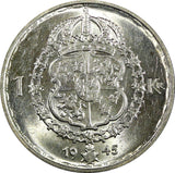 Sweden Gustaf V Silver 1945 TS 1 Krona "TS" without hooks  25mm KM# 814 (22 112)