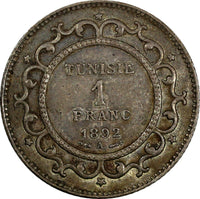 Tunisia Ali III Silver 1309 (1892) A 1 Franc aUNC Toning KM# 224 (18 926)