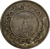 Tunisia Ali III Silver 1309 (1892) A 1 Franc aUNC Toning KM# 224 (18 926)