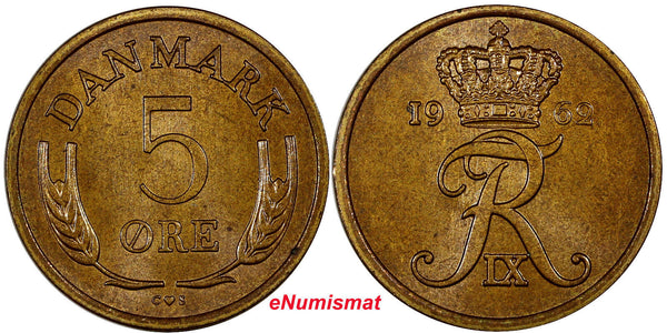 Denmark Frederik IX Bronze 1962 5 Øre Choice UNC .Luster KEY DATE KM# 848.1 (12)