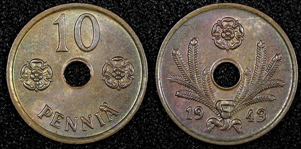 FINLAND Copper 1943 10 Pennia UNC Condition WWII  Issue KM# 33.1 (23 988)