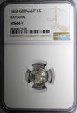 German States BAVARIA Silver 1862 1 Kreuzer NGC MS66+  Nice Toned KM# 858 (34)