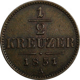 Austria Franz Joseph I Copper 1851 A 1/2 Kreuzer Vienna Mint KM# 2181 (20 500)