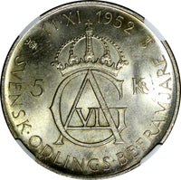 SWEDEN Silver 1952 ST 5 Kronor NGC MS64 70th Birthday Gustaf VI Adolf KM# 828