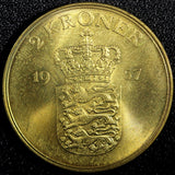Denmark Frederik IX Aluminum-Bronze 1957 C S 2 Kroner GEM BU 31mm KM# 838.2 (27)