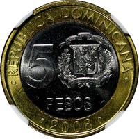 Dominican Republic Sánchez 2008 5 Pesos Magnetic NGC MS66 KM# 89 (010)