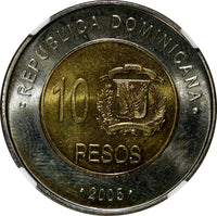 Dominican Republic 2005 10 Pesos General Mella  NGC MS65 KM# 106 (048)