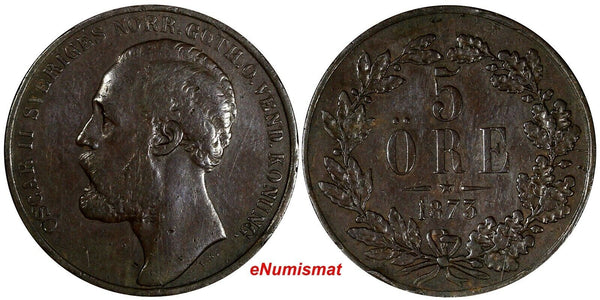 Sweden Oscar II Bronze 1873 L.A. 5 Ore Mintage-783,000 27 mm KM# 730 (13 729)