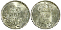 Sweden Gustaf V Silver 1938 25 Öre GEM BU COIN KM# 785 (22 045)