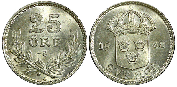 Sweden Gustaf V Silver 1938 25 Öre GEM BU COIN KM# 785 (22 045)