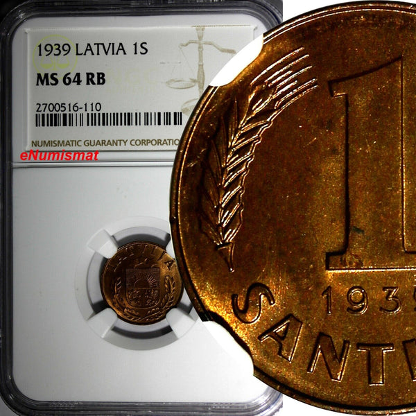 LATVIA Bronze 1939 1 Santims NGC MS64 RB Nice Red Toning BU KM# 10 (110)