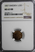 SWEDEN Oscar I Bronze 1857 1/2 Ore NGC MS63 RB RED BROWN KM# 686
