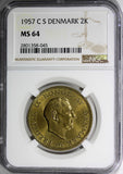 Denmark Frederik IX Aluminum-Bronze 1957 C S 2 Kroner NGC MS64 31mm KM# 838.2(5)