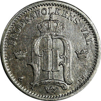SWEDEN Oscar II Silver 1881 EB 25 Ore Large Letters KM# 739 (15 186)