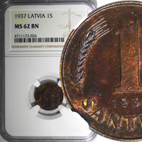 LATVIA Bronze 1937 1 Santims NGC MS62 BN 1st Date for Type KM# 10 (026)