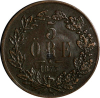 SWEDEN Oscar II (1872-1905) Bronze 1873 L.A. 5 Ore 27 mm KM# 730 (14410)
