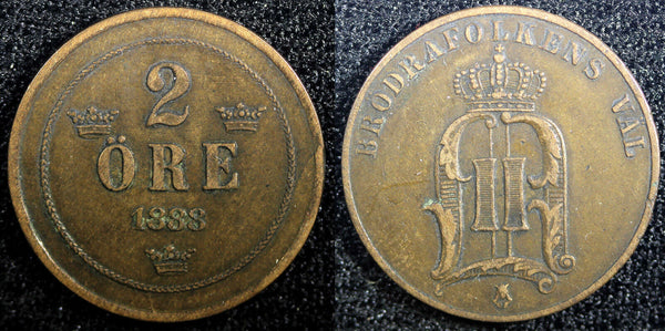Sweden Oscar II Copper 1888 2 Ore  KM# 746   (23 130)