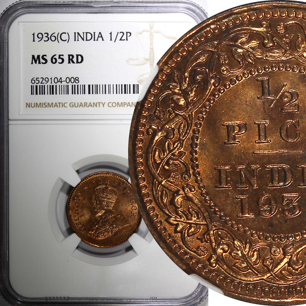 India-British George V Bronze 1936 (C) 1/4 Pice NGC MS65 RD LAST DATE KM#510 (8)
