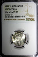 SWEDEN Gustaf V Silver 1927 W 50 Ore NGC UNC DETAILS SCARCE DATE KM# 788 (101)