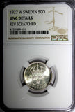 SWEDEN Gustaf V Silver 1927 W 50 Ore NGC UNC DETAILS SCARCE DATE KM# 788 (101)