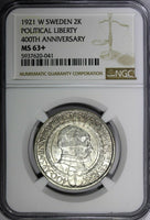 SWEDEN Gustaf V Silver 1921 W 2 Kronor NGC MS63+ 400th Political Liberty KM799.