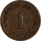 Germany - Empire Wilhelm II Copper 1894 E 1 Pfennig Muldenhütten Mint KM# 10 (2)