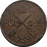 Sweden Adolf Frederick Copper 1759 2 Ore, S.M. Mintage-352,000 KM# 461 (9988)