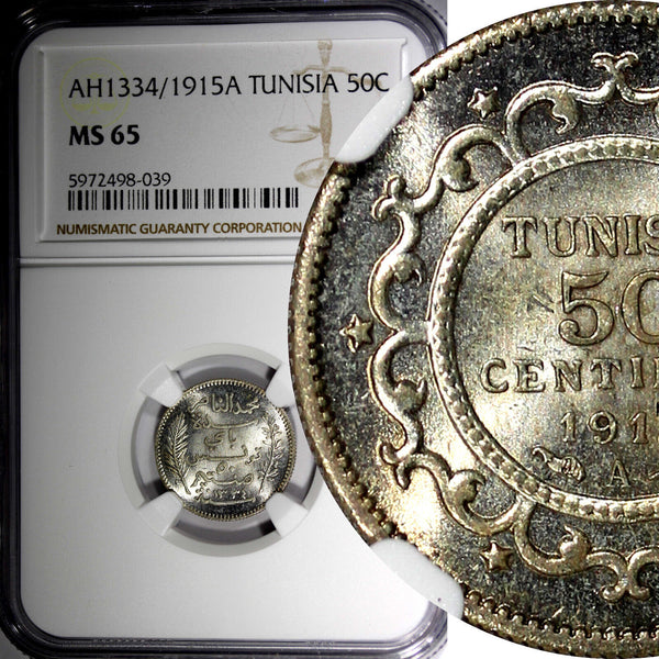 Tunisia Muhammad V Silver AH1334/1915 A 50 Centimes NGC MS65 SCARCE KM#237 (039)