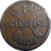 Sweden Copper 1802 1 Skilling Overstruck on 2 Ore S.M.(1743-1768) KM#566 (4859)