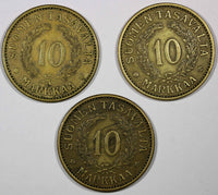 FINLAND LOT OF 3 COINS Aluminum-Bronze 1932 10 Markkaa KM# A32