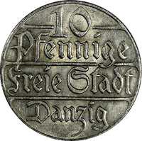 Danzig Free City Copper-Nickel 1923 10 Pfennig 1 Year Struck XF KM# 143 (17678)