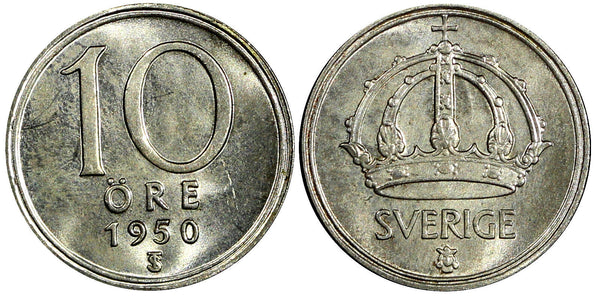 Sweden Gustaf V (1907-1950) Silver 1950 10 Öre UNC KM# 813 (22 060)